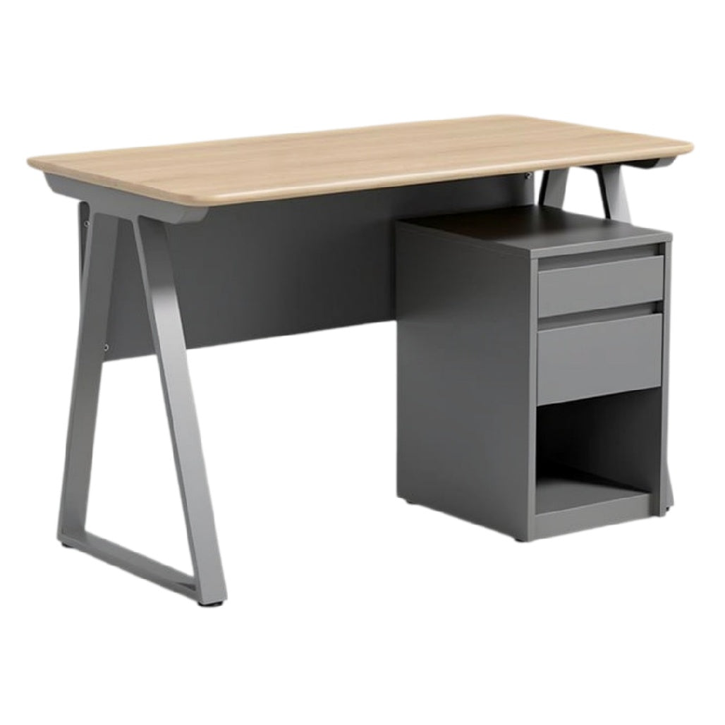 **Technische titel in het Nederlands:** Bureau met houten blad en metalen frame met lades.